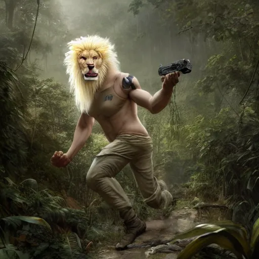 Image similar to commission portrait of a male anthro albino lion,wearing cargo pants and a boack t-shirt,going through a jungle cautiously.dramatic,character design by charles bowater,greg rutkowski,ross tran,hyperdetailed,hyperrealistic,4k,deviantart,artstation,professional photography,concept art