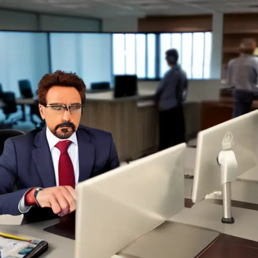 Prompt: iron man working at a corporate office