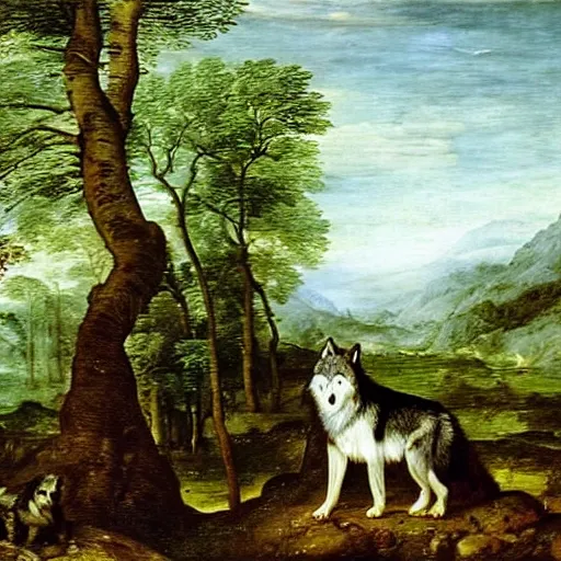 Prompt: A portrait of a wolf, by Jan Brueghel the Elder, Thomas Cole, and Carl Friedrich Deiker