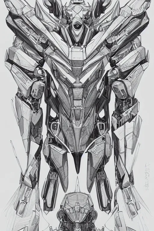 Image similar to very symmetrical!! full body illustrations of mecha, pen and ink, moderately detailed, concept art, wings spread, cyborg wing, artstation, deviantart, pinterest