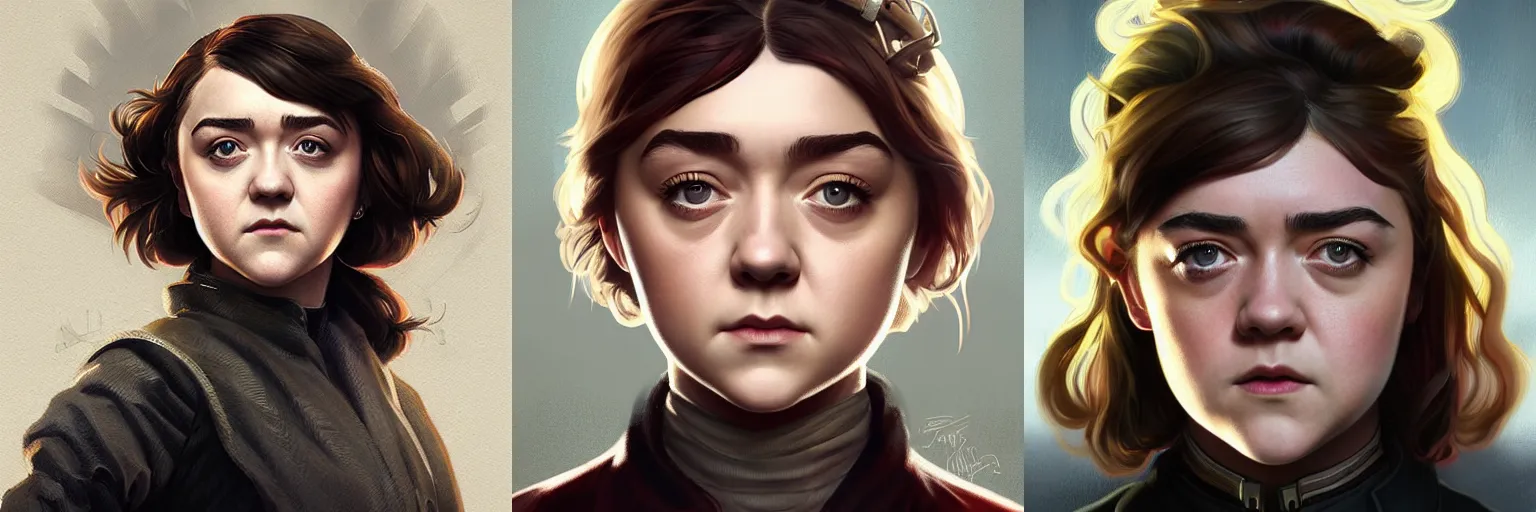 Prompt: portrait of Maisie Williams as a detective, highly detailed, digital painting, artstation, concept art, sharp focus, illustration, art by artgerm and greg rutkowski and alphonse mucha