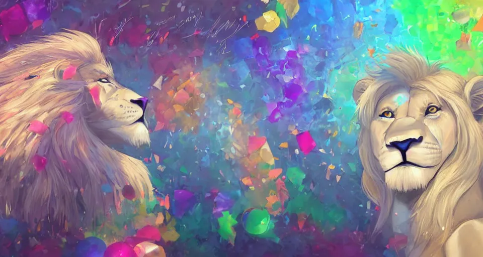 Image similar to aesthetic portrait commission of a albino male furry anthro lion surronded by rainbow confetti at a gay pride festival with his male lion anthro friends, bright and sunny atmosphere, Character design by charlie bowater, ross tran, artgerm, and makoto shinkai, detailed, inked, western comic book art, 2021 award winning painting