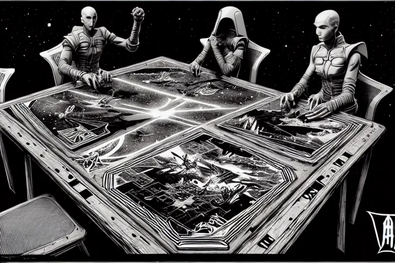 Prompt: a wizards table, high details, lineart, by vincent di fate and joe fenton, inking, etching, screen print, masterpiece, trending on artstation, sharp, high contrast, hyper - detailed,, hd, 4 k, 8 k