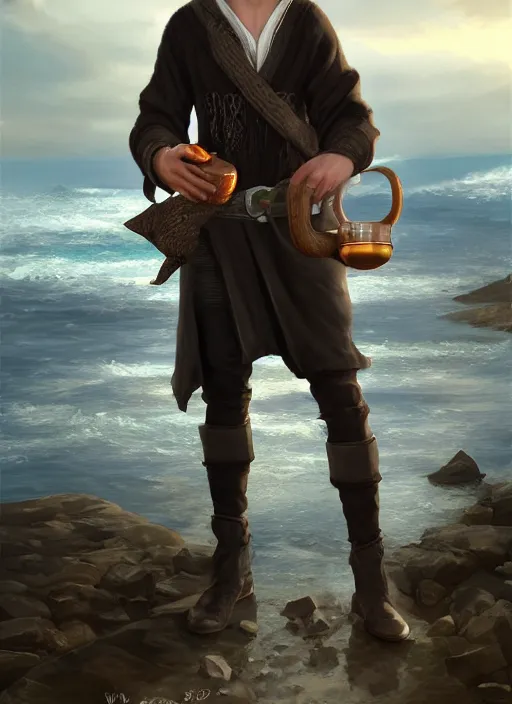 Prompt: Young man, slim, short black hair, pale, wearing a haramaki, holding a tankard of ale, digital art, realistic, Pathfinder, detailed, trending on artstation, sea in the background as drawn by Wayne Reynolds