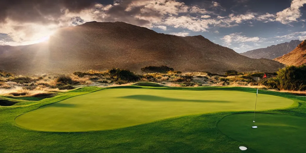 Prompt: a great photograph of the most amazing golf hole in the world, made from yarn, beautiful ambient light, golf digest, top 1 0 0,