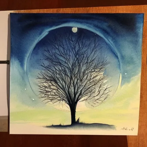 Image similar to This painting has such a feeling of peace and serenity. The tree is so still and calm, despite the wind blowing around it. The moonlight casts a soft glow over everything and the starts seem to be winking at you... watercolor painting, at night