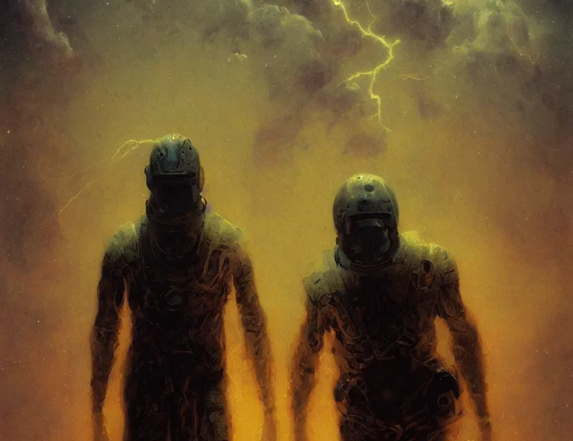 Image similar to a space laces kind of poster cinematic sci - fi scene portrait and science fiction theme with lightning, aurora lighting. clouds and stars. smoke. futurism. fantasy. by beksinski carl spitzweg and tuomas korpi. baroque elements. oil painting. dramatic. artstation. 8 k