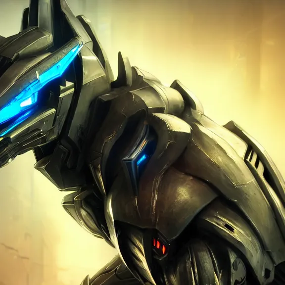 Image similar to cinematic shot, 35 foot tall detailed beautiful handsome quadrupedal feral robot mecha dragon, sharp edged black armor, gold accents, sleek blue OLED visor for eyes, four legs, walking in busy neon city streets, sharp paws, epic shot, highly detailed art, sci fi, furry, 3D realistic, warframe fanart, destiny fanart, furry art, dragon art, feral art, macro art, furaffinity, DeviantArt, sofurry