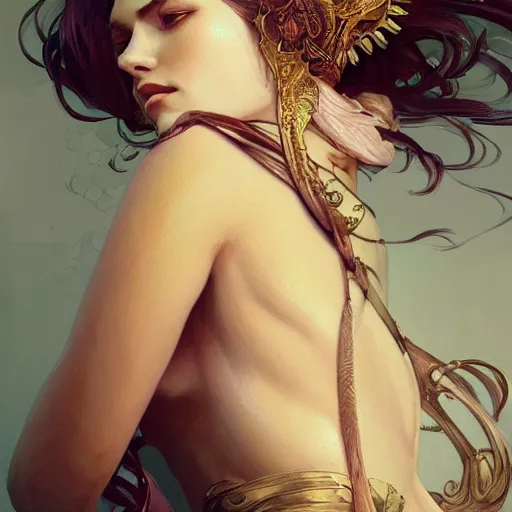 Image similar to portrait of female transcendental creature, D&D, fantasy, intricate, elegant, highly detailed, digital painting, artstation, concept art, smooth, sharp focus, illustration, art by artgerm and greg rutkowski and alphonse mucha