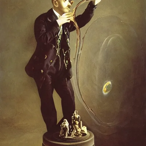 Prompt: A sculpture. A rip in spacetime. Did this device in his hand open a portal to another dimension or reality?! by William Powell Frith, by Vivienne Westwood