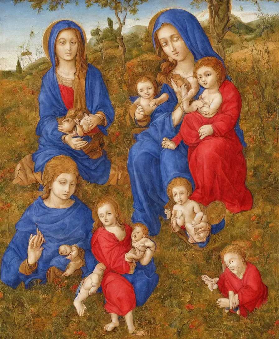 Image similar to Detailed Portrait of Madonna, curly red hair red shirt blue cloth, with infant Jesus, holding a thin cross and talking with another boy in front in the style of Raffael. They are sitting in a dried out meadow trees near Florence tuscany, red poppy in the field. The horizon is blue, there is a blue lake with a town and blue mountains. Flat perspective.