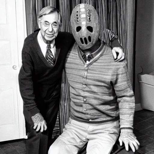 Image similar to Mr. Rogers hanging out with Jason Voorhees from the movie Friday the 13th