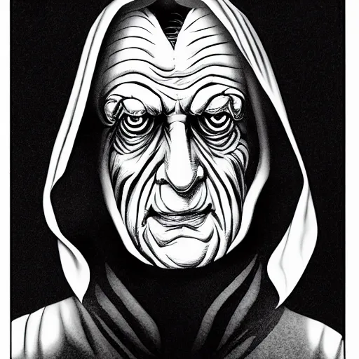 Prompt: Emperor Palpatine portrait in the style of Junji Ito. Manga. Black & White. Gothic. Horror. Exquisitely detailed. 4K.