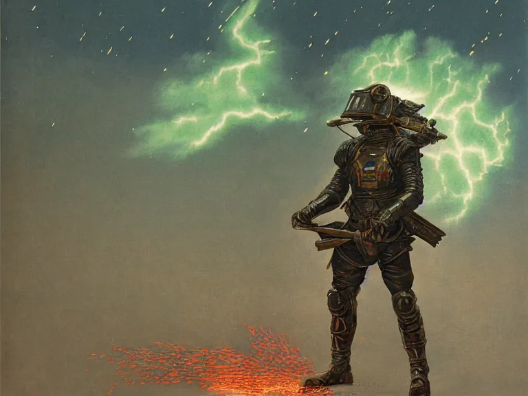 Prompt: a detailed profile painting of a bounty hunter in cloth and metal armour and visor. WW1 cinematic sci-fi poster. Cloth and metal. Welding, fire, flames, samurai Flight suit, accurate anatomy portrait symmetrical and science fiction theme with lightning, aurora lighting clouds and stars. Clean and minimal design by beksinski carl spitzweg giger and tuomas korpi. baroque elements. baroque element. intricate artwork by caravaggio. Oil painting. Trending on artstation. 8k