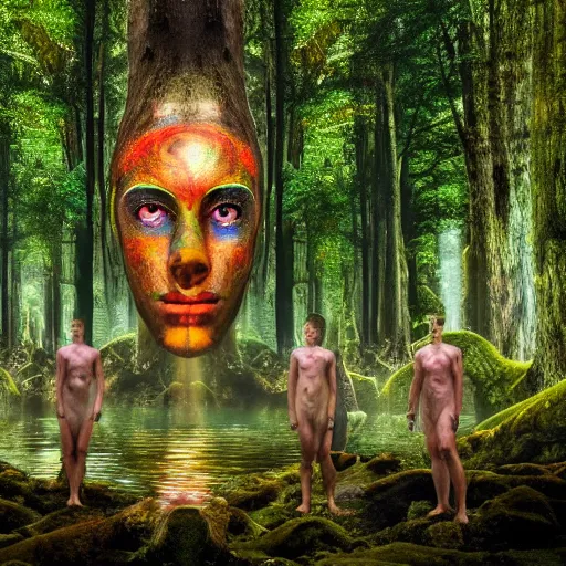 Image similar to gods in forest, three eyed, wide shot, feet in water, vivid colors, foreheads with eyes, ground very detailed, wet eyes reflecting into eyes reflecting into infinity, natural lighting