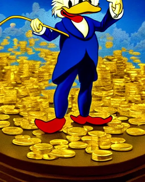 Image similar to Scrooge McDuck from the Duck Tales in blue costume standing on a mountain of golden gold and holding a cane, view from below, full body portrait including head, oil painting, highly detailed