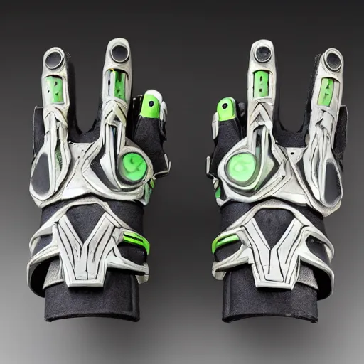 Prompt: a pair of futuristic, energized gauntlets with glowing accents