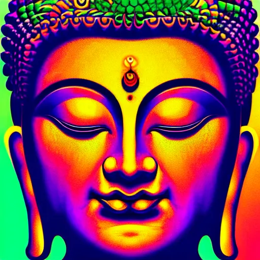 Image similar to An extremely psychedelic portrait of Buddha, surreal, LSD, face, detailed, intricate, elegant, lithe, highly detailed, digital painting, artstation, concept art, smooth, sharp focus, illustration