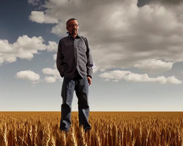 Prompt: walter white standing in front of gustavo fring in a wheat field, side view, 3 5 mm photograph, 8 k resolution, wide shot, sharp lens