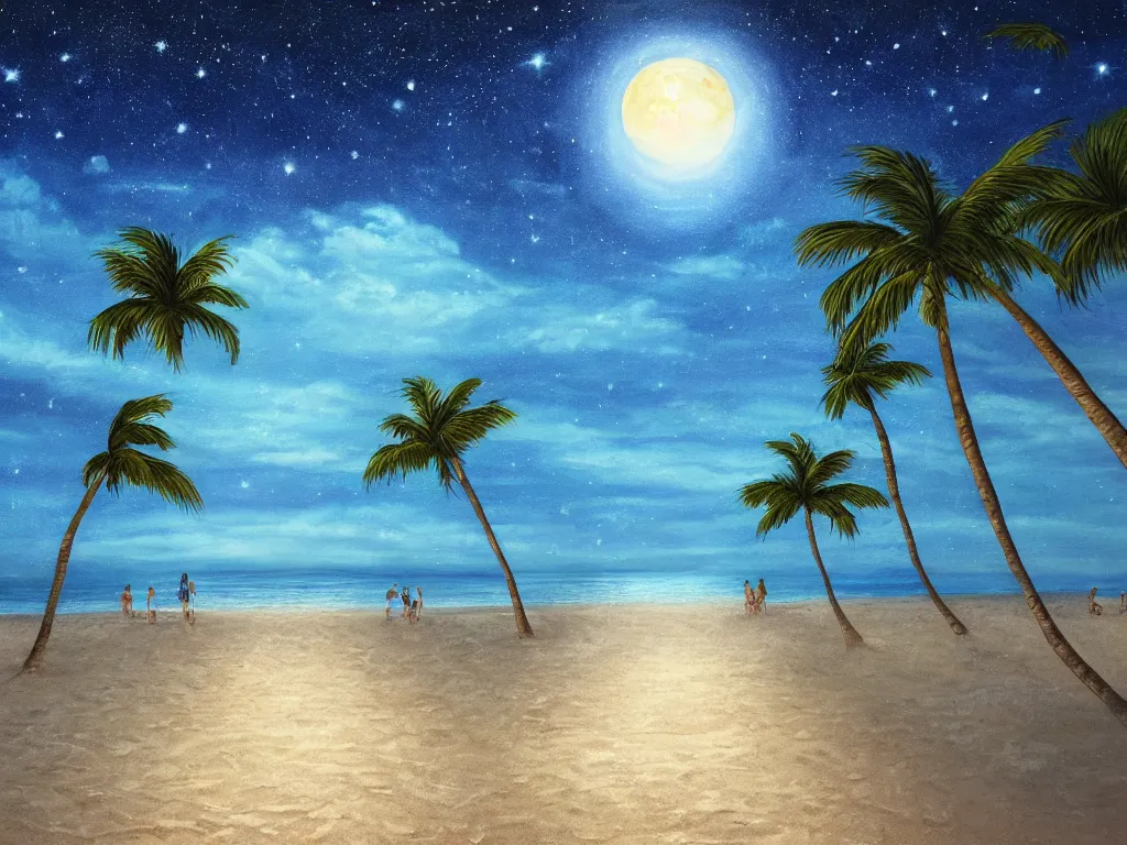 Prompt: night on a summer beach in miami, palm trees, footprints in the sand, full moon reflected in the calm ocean, starry sky 8 k, ultra detailed, trending on artstation, digital painting