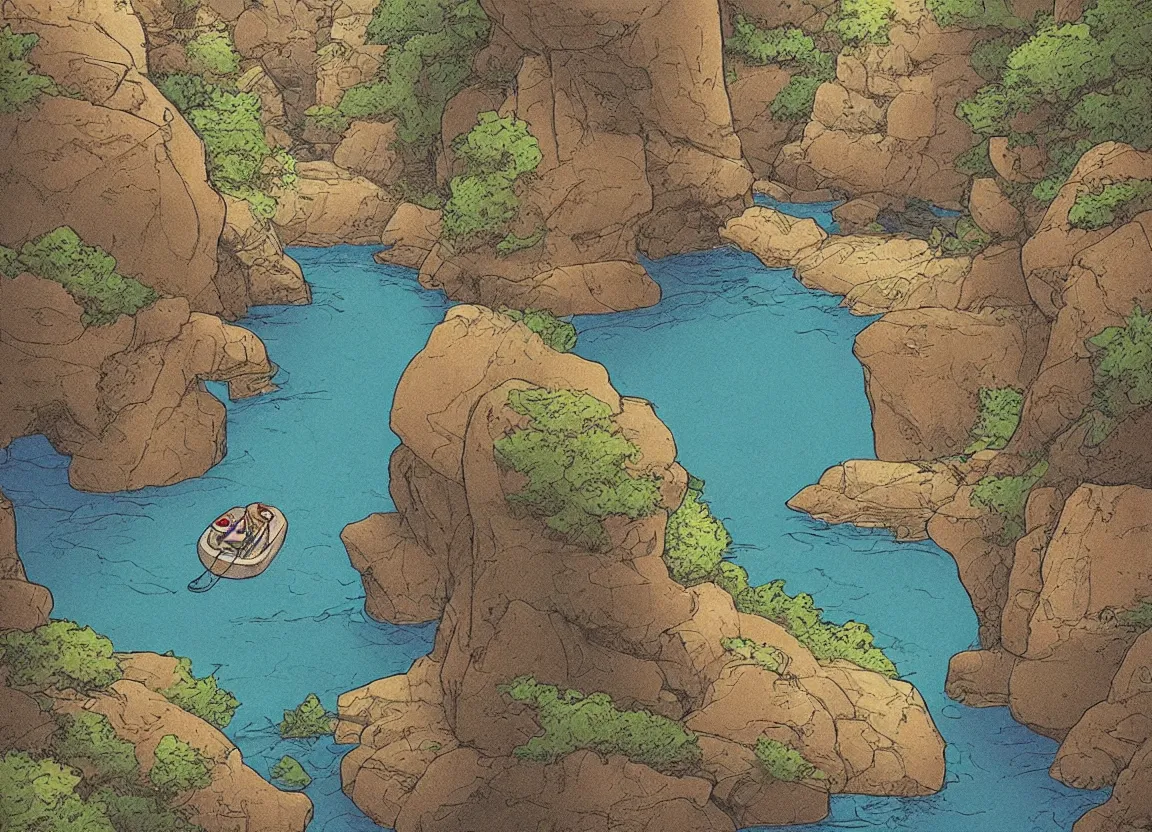 Image similar to a river raft floating through a deep canyon by moebius, clean long lines, ultra detailed