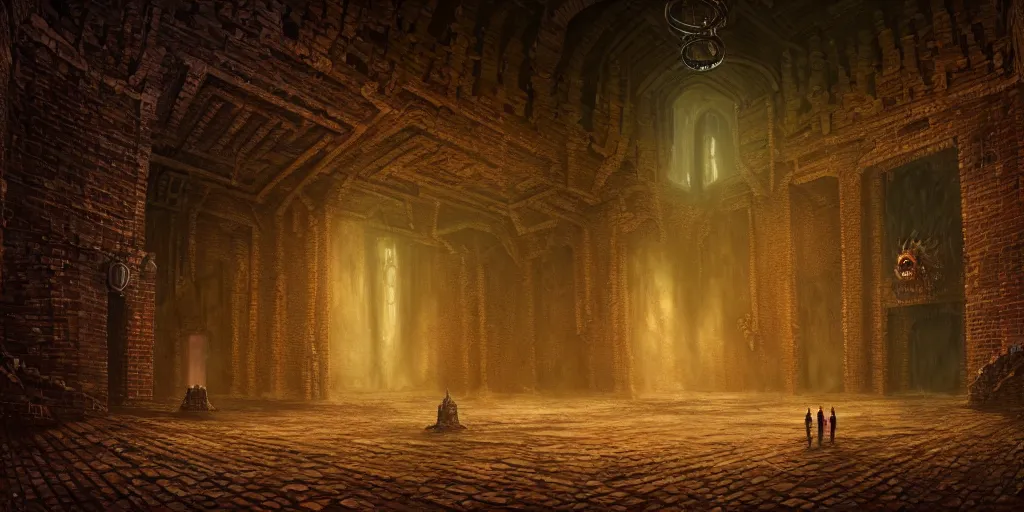 Image similar to a lovecraftian monster inside of a brick castle, matte oil painting, cosmic, concept art, lovecraftian, high fantasy, extremely detailed, disturbing, trauma, cinematic, award - winning, 4 k, 8 k