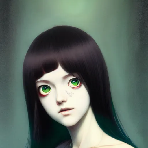 Image similar to very tall girl by junji ito, green eyes and very extremely long black hair by ilya kuvshinov, tom bagshaw, rtx reflections, octane render 1 2 8 k, extreme high intricate details by wlop, digital anime art by ross tran, wide shot, composition by tom bagshaw, lighting by wlop