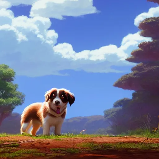 Image similar to a wholesome animation key shot of a brown australian shepherd puppy, studio ghibli, pixar and disney animation, sharp, rendered in unreal engine 5, anime key art by greg rutkowski, bloom, dramatic lighting