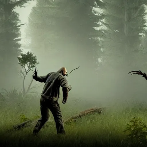 Image similar to jason voorhees fighting bigfoot in the forest, landscape, unreal engine art, hyper realistic