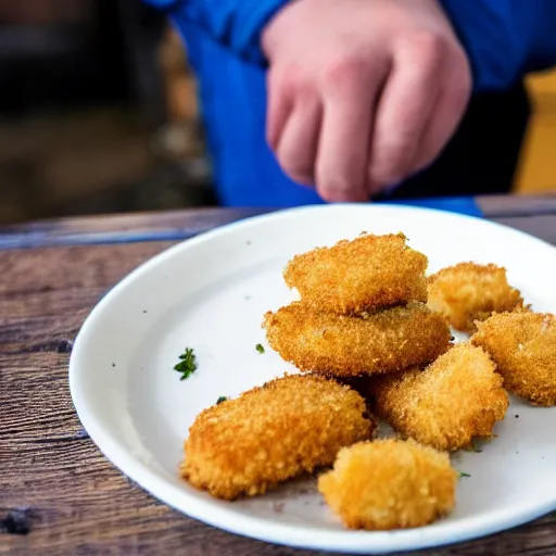 Prompt: a plate of breaded scampi sat on the bottom of a trawl damaged sea