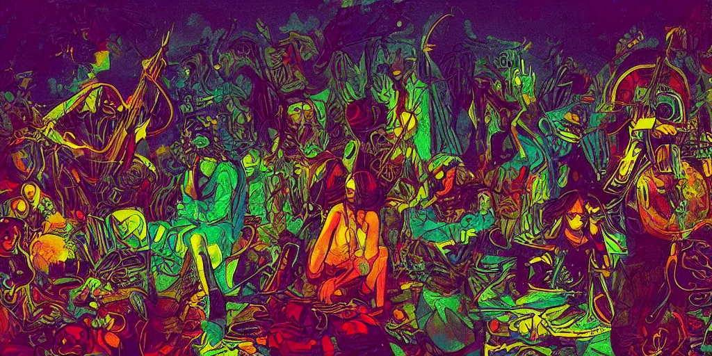 Image similar to magnificent picture of 1969 Woodstock, Hippie vibe, psychedelic detail, digital art, artstation, smooth, sharp