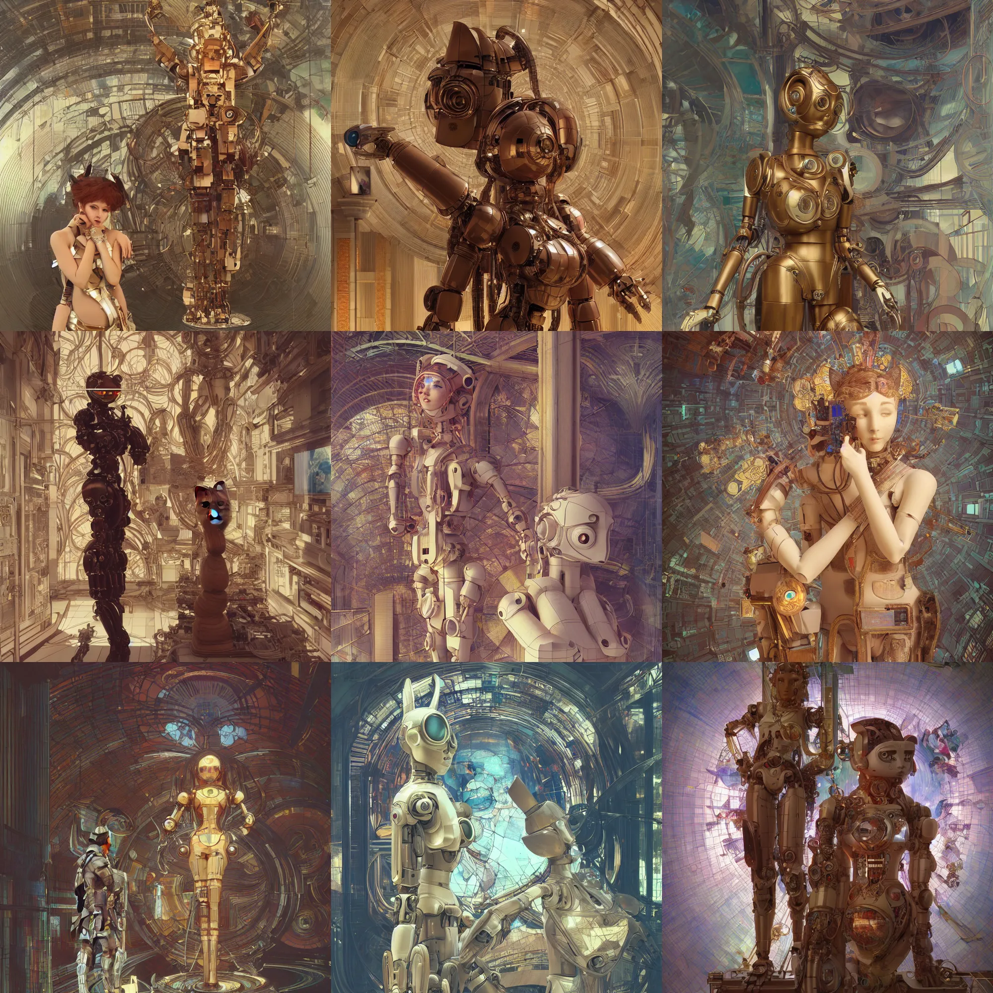 Prompt: 3 d octane render ultra photorealistic 8 k hyper detailed, a very very cute wooden statue robot of the roman architecture anthropology cat ears cyberpunk flying in the space intergalactic cgsociety in a contemporary art gallery in neo tokyo artwork by alphonse mucha