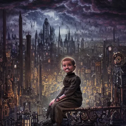 Prompt: a photo of young sad victorian gothic child with big eyes and wide grin sitting on a sofa of bones surrounded by a cyber futuristic cityscape made of human body parts by dan mumford, ultra detailed, 8 k resolution, beautiful lighting, expansive detailed layered city, landscape, 5 0 mm, perfect faces