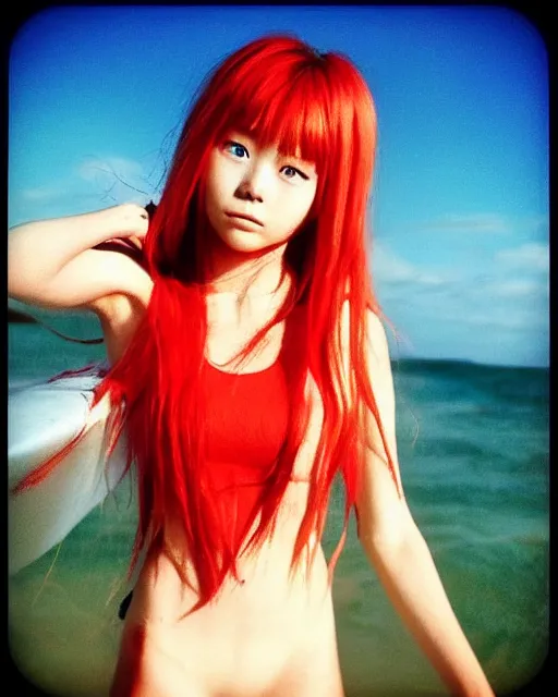 Image similar to dreamy tiktok iPhone photo of beautiful Asuka Langley from evangelion as a surfer in Florida, 35mm, cinematic, trending on Instagram, Asuka as a surfer model, 8k, 4k