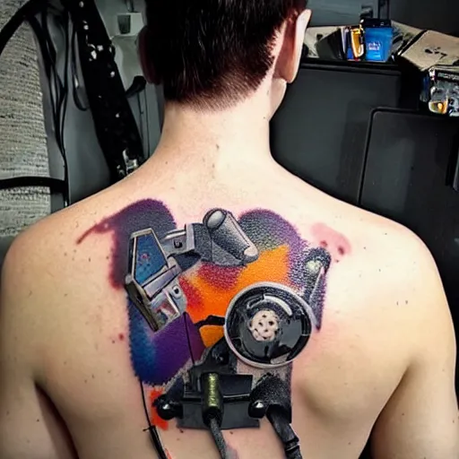 Prompt: backside on the shoulders is a tattoo of a hole in the skin with multicolored robotic mechanics and cables and a computer fan inside under the skin, insanely integrate, 3 d