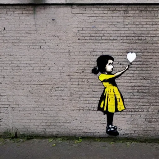 Image similar to bansky street art of small girl holding a balloon.