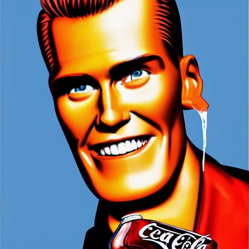 Image similar to coca cola man drinking a can of soda with max headroom's face on it, realistic, hyperrealistic, ultra realistic, real, real world, highly detailed, very detailed, extremely detailed, intricate details, 8 k resolution, hd quality