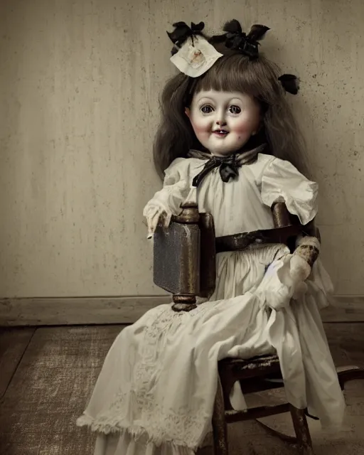 Prompt: portrait of a creepy smiling antique porcelain doll with white eyes wearing a dirty dress with long wet black hair sitting in a rocking chair next to a child’s bed in a dimly lit filthy room in an abandoned old asylum at night, 8k octane render, cinematic, dramatic lighting, volumetric lighting, Craig Mullins, vintage photo, 1890