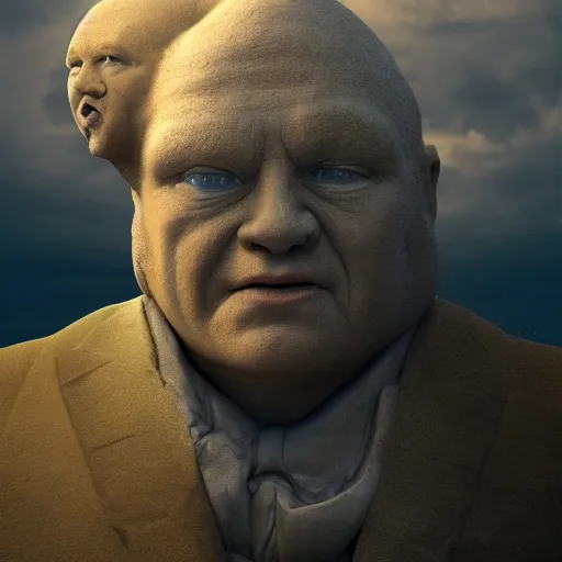 Prompt: the giant sand sculpted face of stellan skarsgard as baron vladimir harkonnen emerging from a sand dune, cinematic, surrealistic, supernatural, artstation