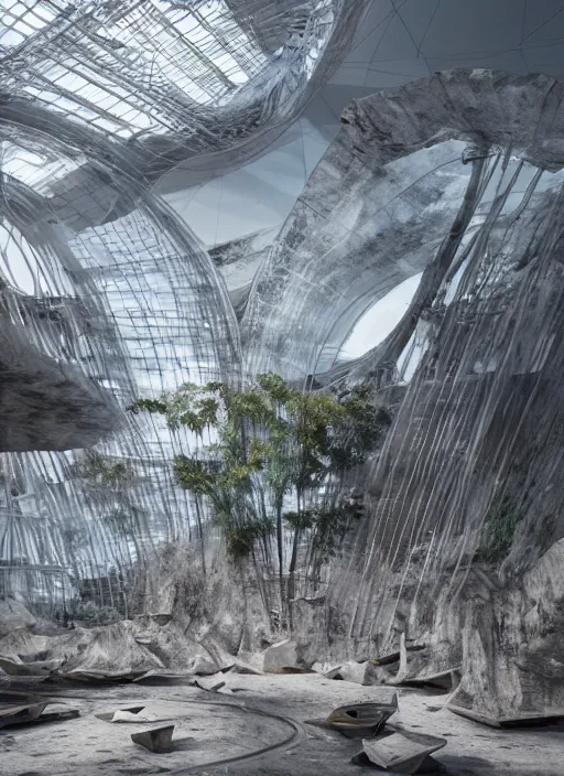 Image similar to art exhibition, architecture installation in biennale venezia, bioremediation white mining tailing futuristic horizontal architecture, epic, cinematic, hyperealistic, high detailed, corona render, hdr, ray tracing