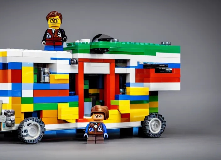 Image similar to product photo still of walter white winnebago lego playset, 8 k, 1 2 0 mm macro, f 1. 8, studio lighting, key light