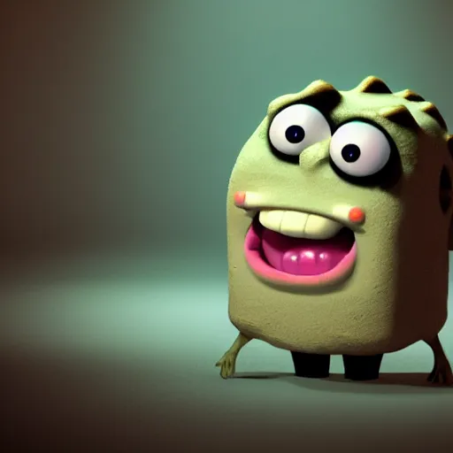 Image similar to ominous mrs puff staring into your soul with realistic, slimy, scary, ambient lighting, rendered in blender, horror, gloomy, dark, terrifying, terror, frightful, super detailed octane render,