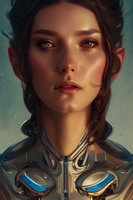 Image similar to beautiful female mechanical android!, half portrait, intricate detailed environment, photorealistic!, intricate, elegant, highly detailed, digital painting, artstation, concept art, smooth, sharp focus, illustration, art by artgerm and greg rutkowski and alphonse mucha