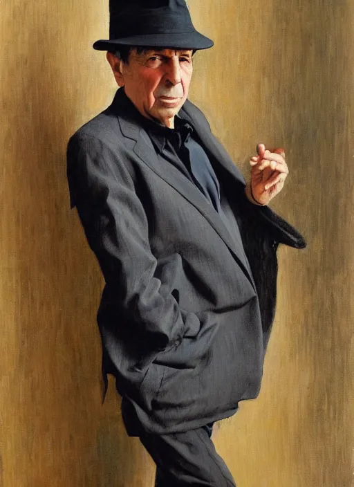 Image similar to Leonard Cohen, wearing a trilby hat, portrait Frank McCarthy