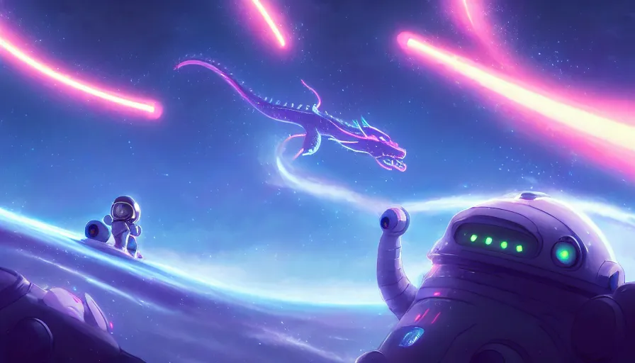 Image similar to a still of a cute kawaii astronaut android riding a large neon kaiju dragon, nebulous background of dynamic space, a dramatic composition by wlop and greg rutkowski and makoto shinkai and studio ghibli and kyoto animation, highly detailed, digital painting, matte