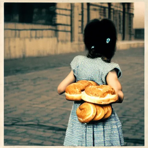 Image similar to photo of cute soviet schoolgirl, holding bagels on a rope, street of moscow, shallow depth of field, cinematic, 8 0 mm, f 1. 8