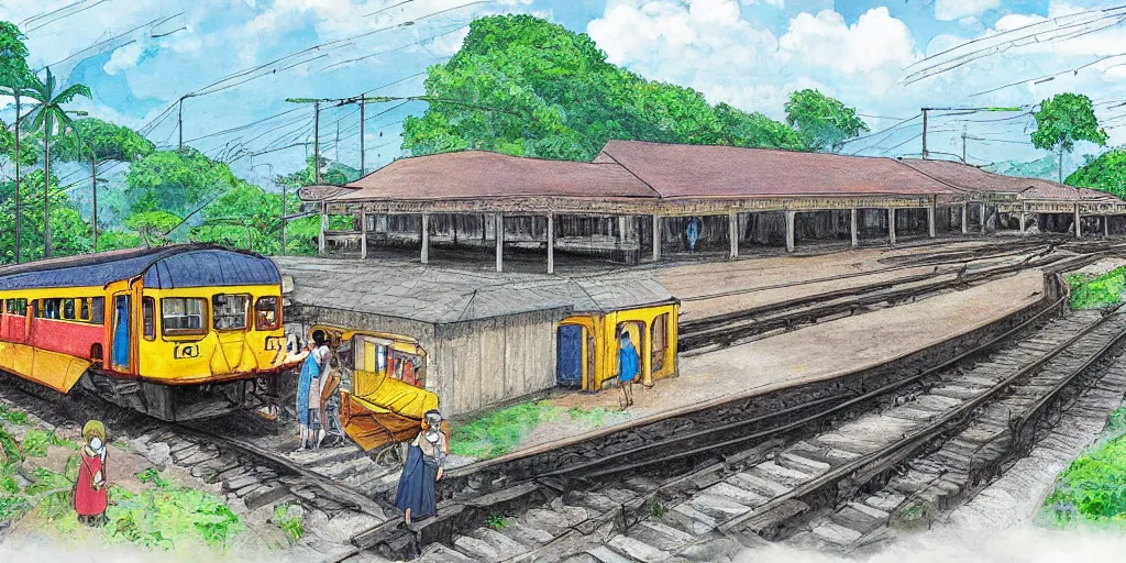 Image similar to sri lankan train station, drawn by hayao miyazaki