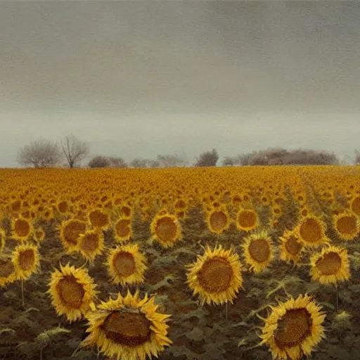 Image similar to Painting by Greg Rutkowski, a field of broken old dry sunflowers in winter