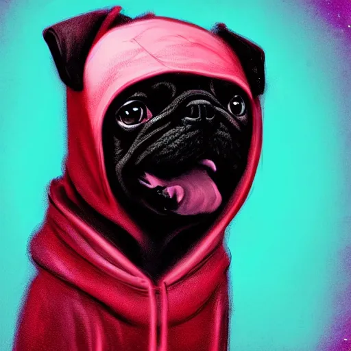 Prompt: a sad pug wearing a hoodie, the word'sad'is written on the hoodie in upper case letters, digital art, synthwave style, trending on artstation, matte painting, sticker