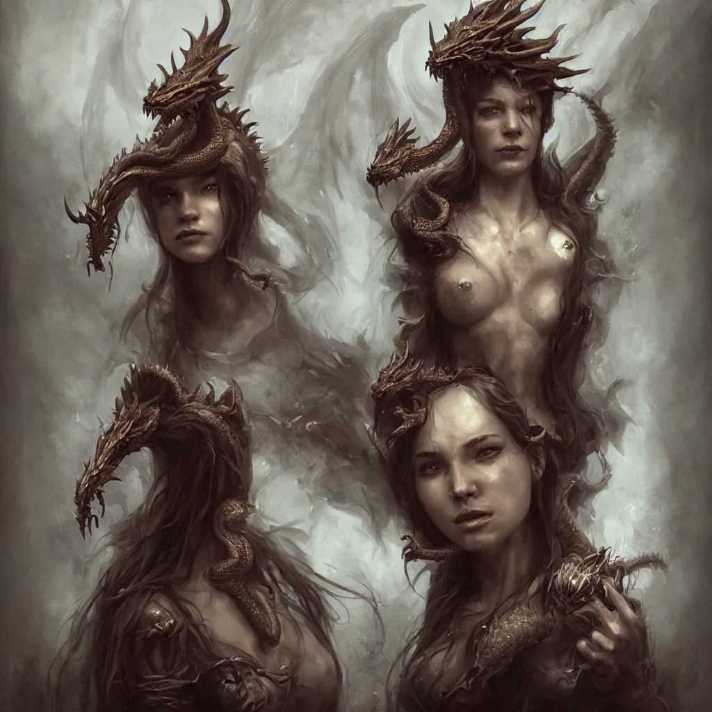 Prompt: a woman in a costume with a dragon on her head, an ultrafine detailed painting by Bastien Lecouffe-Deharme, featured on zbrush central, fantasy art, zbrush, detailed painting, ambient occlusion realistic cinematic style, filmed in 70mm, volumetric lighting, octane render, photographic, concept art, artist Leonardo DaVinci, unreal engine, 8k